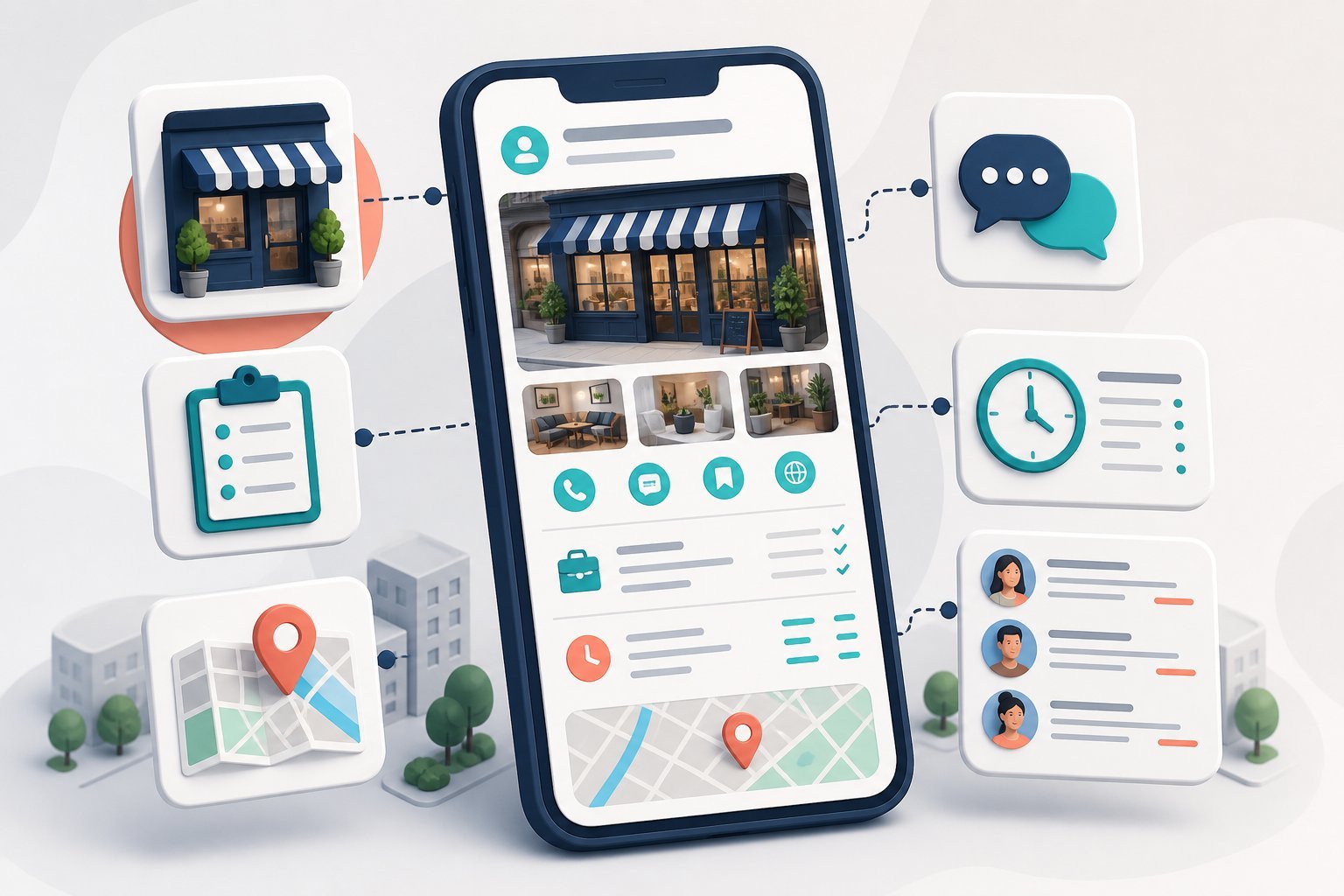 Business profile components including photos services hours location and reviews