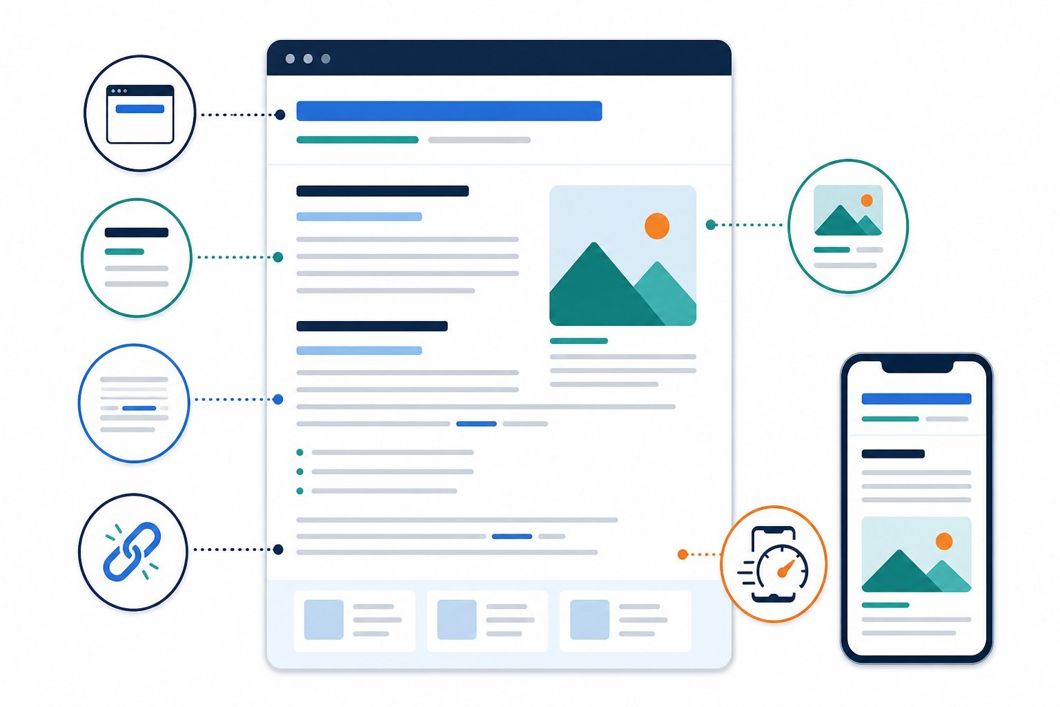 On-page SEO elements including titles headings copy images internal links and mobile speed